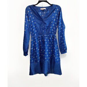 Loft Womens Vibrant Blue Mixed Geo Flounce Mini Shirt Dress Sz PS Maximalist